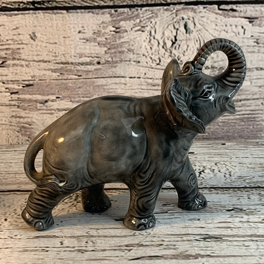 HMC Elephant Figurine Trunk Up Gray Ceramic Vintage‎ Home Decor Animal Statue
